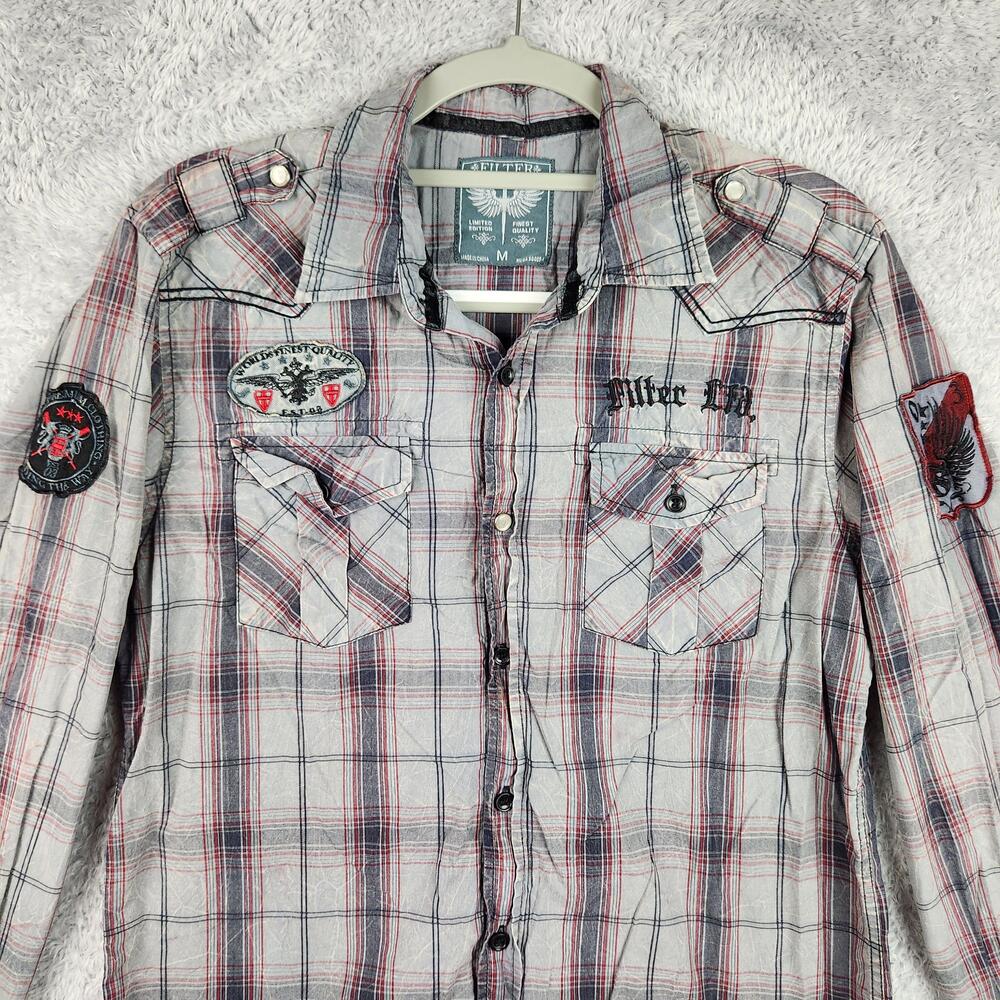 Filter Shirt Mens Medium Gray Plaid Cotton Button Patches Epaulet Long Sleeve